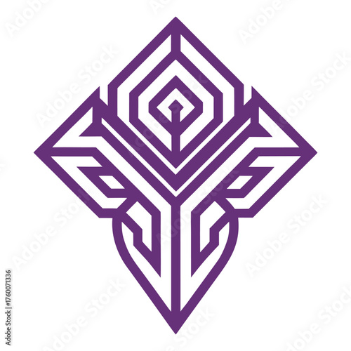 Intricate geometric purple abstract symbol resembling a stylized flower or tree of life with symmetrical patterns, Intricate geometric purple symbol with like design white background and modern.