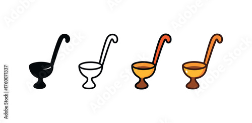 Vector icon gravy ladle thanksgiving same pose same proportions four styles black solid glyph outline minimal flat multicolor filled cartoon flat shaded.