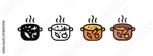 Vector icon seasonal harvest stew thanksgiving same pose same proportions four styles black solid glyph outline minimal flat multicolor filled cartoon flat shaded.