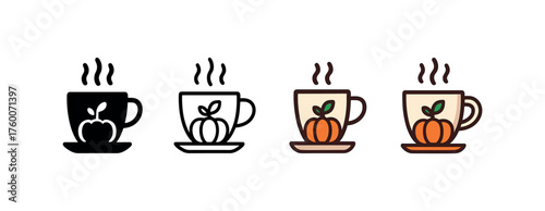 Vector icon coffee cup thanksgiving same pose same proportions four styles black solid glyph outline minimal flat multicolor filled cartoon flat shaded.