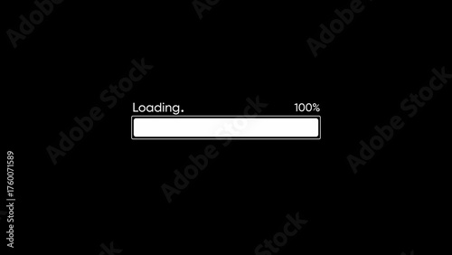White loading bar and 100 percent text on black background progress indicator