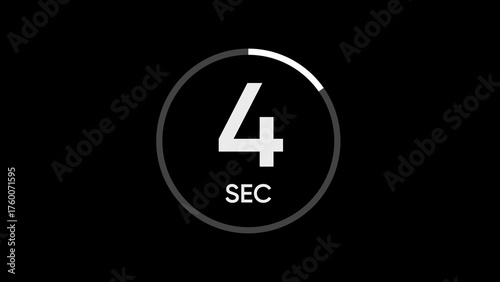 White number 4 and S E C text inside a grey circle with white progress bar on black background countdown