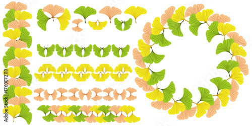 Autumn ginkgo leaf frame and border set, dividers for fall themed design with ginkgo leaves in delicate shades