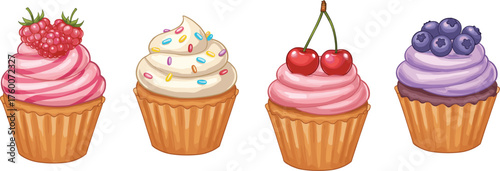 Colorful cupcake dessert set, frosting and topping variations, sweet treat vector illustration, bakery art layout, cad drawing flat vector illustration