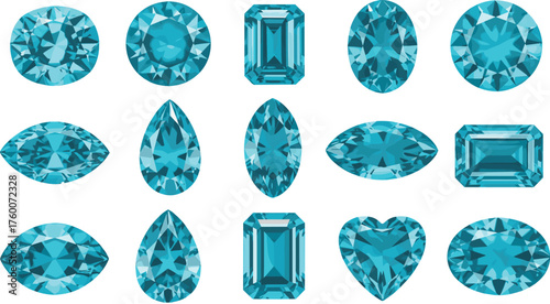 Blue gemstone shape grid, faceted crystal cuts, jewelry design reference, gemology illustration layout, cad drawing flat vector illustration