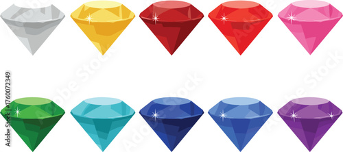 Colorful faceted gemstone set, diamond-shaped crystal layout, vibrant jewel vector illustration, shiny gem rendering, cad drawing flat vector illustration