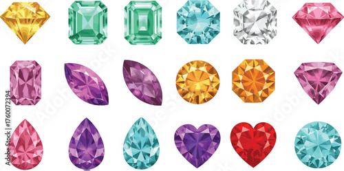 Colorful gemstone grid illustration, assorted gem shapes and cuts, jewelry design reference, vibrant crystal layout, cad drawing flat vector illustration