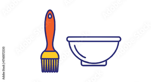 set of basting brush with bowl outline icons vector full color