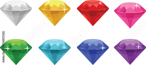 Colorful faceted gemstone set, conical gem shapes, shiny crystal illustration, vibrant jewel vector art, cad drawing flat vector illustration