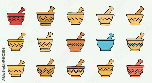 setS of african mortar and pestle outline icons vector full color