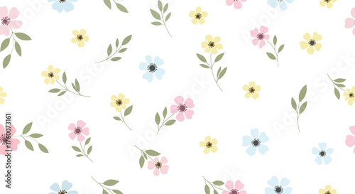 Delicate watercolor floral pattern with soft pastel flowers and green leaves on a white background
