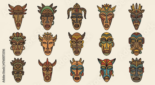set of african mask outline icons vector full color