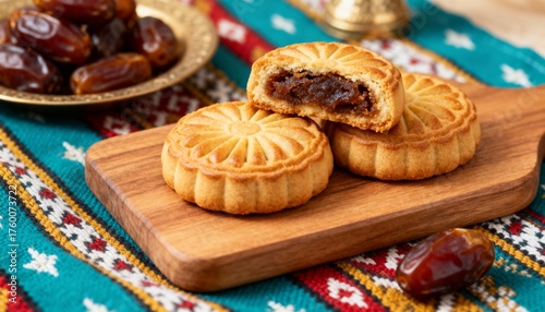 Date filled Maamoul cookies on traditional fabric