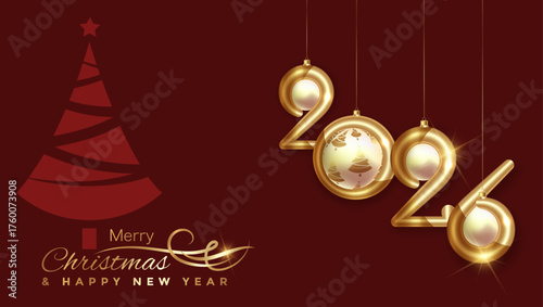 Christmas luxury holiday banner with gold handwritten Merry Christmas and 2026 Happy New Year greetings and gold decorated Christmas balls. Vector illustration isolated on red background