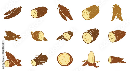 set of cassava root outline icons vector full color

