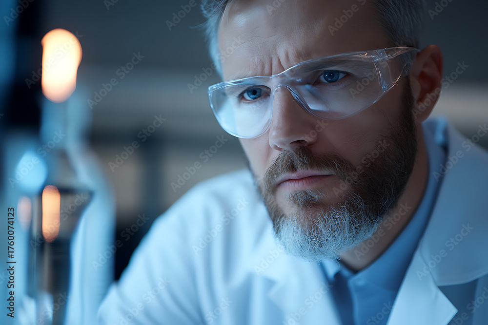 Fototapeta premium Focused scientist in lab coat and safety glasses, intensely observing scientific work with concentration and determination, surrounded by lab equipment.