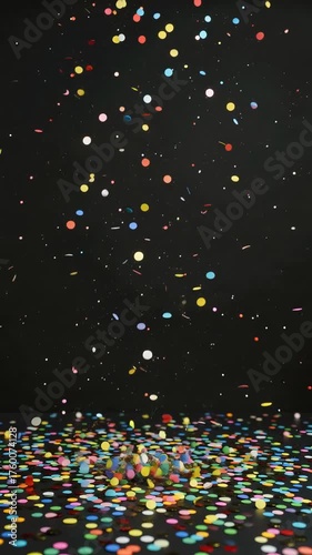 Estallido en cámara lenta de confeti colorido con partículas de papel cayendo en el aire, en fondo negro. 