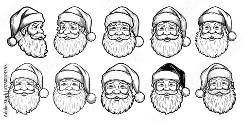 Santa Claus faces line art vector set — black Christmas portraits isolated on white