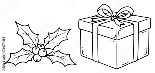 Holly leaves and gift box line art — black Christmas vector illustration