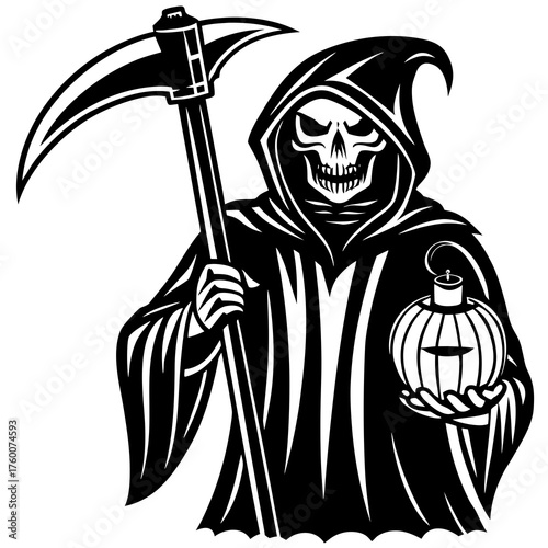 Grim reaper holding scythe and lantern silhouette isolated on white background