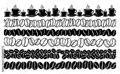 Coffee cups and bean seamless borders — black vector pattern dividers