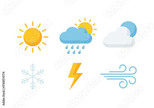 Colorful Flat Design Vector Icons Representing Various Daily Weather Conditions and Natural Atmospheric Phenomena Collection