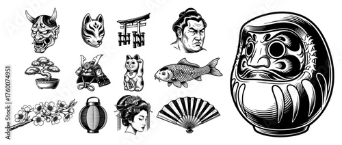 Japanese culture vector icons set — daruma doll, oni mask, torii gate, koi fish, geisha fan