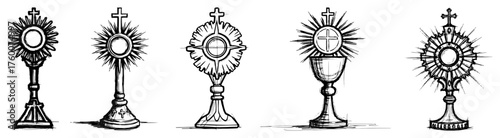 Catholic Monstrance Icon Set. Holy Eucharist Symbols. Vintage Hand Drawn Vector Collection.