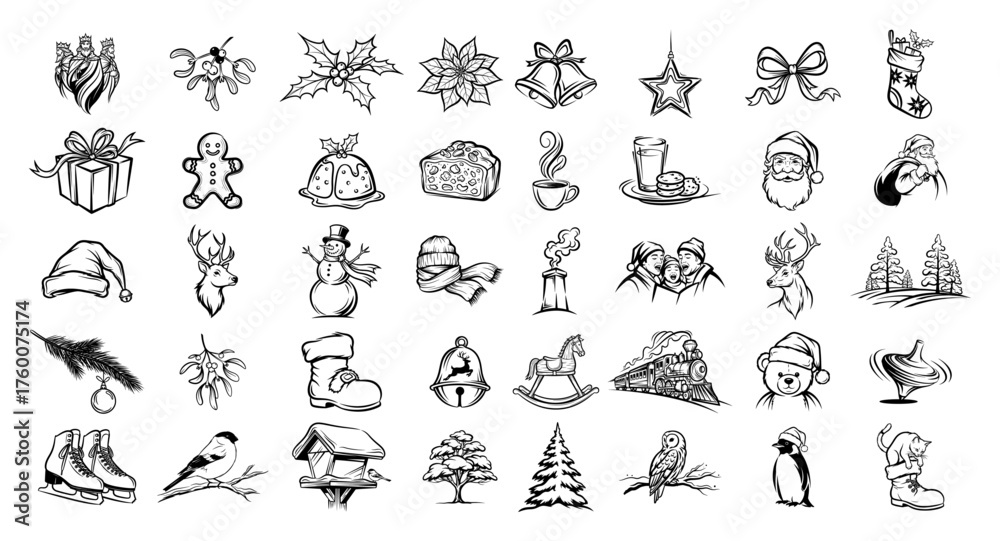 Naklejka premium Christmas and winter doodle icons — black hand-drawn vector set of holiday elements