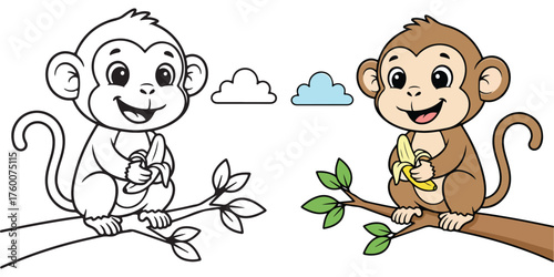 Happy cartoon monkey holding banana and coloring page