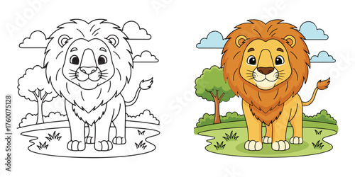 Lion Standing in a Field Coloring Page vector