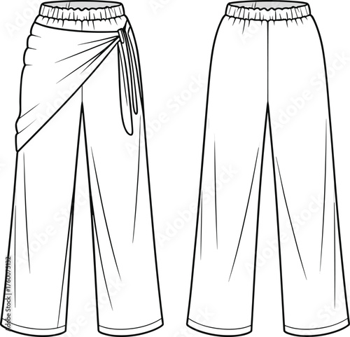 Asymmetrical draped pants and wide-leg elastic waist variant, front view fashion sketch, cad drawing flat vector illustration, garment design