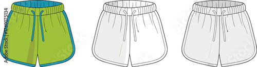 Athletic shorts front view, drawstring waistband curved hem side slit, color outline grayscale variants, cad drawing flat vector illustration