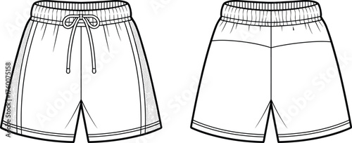 Athletic shorts front and back view, drawstring waistband mesh side panels curved hem, cad drawing flat vector illustration, fashion sketch