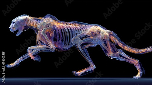 Animal locomotion study surreal glowing cheetah skeleton mid run futuristic biomechanics illustration