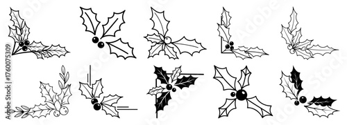 Christmas Holly Corner Set. Collection of hand drawn holiday border decorations with leaves and berries. Vector design elements.