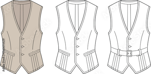 Cad drawing flat vector illustration of vest front views, fashion garment sketch, tailored clothing design, technical apparel template layout