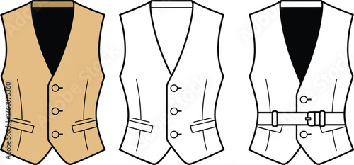 Cad drawing flat vector illustration of vest front views, fashion garment sketch, technical clothing design, tailored apparel template layout