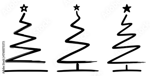 Minimalist Christmas tree icon set. Simple hand-drawn doodle symbols. Abstract holiday line art. Vector illustration.