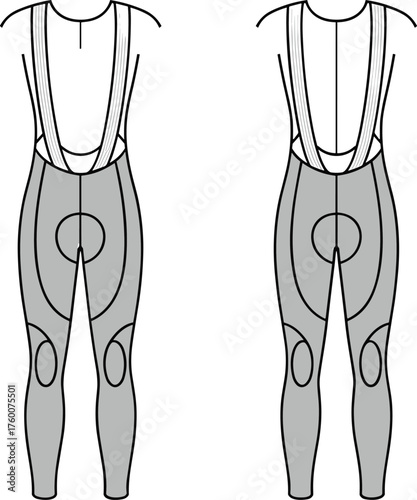 Cycling bib tights, padded seat insert, ergonomic fit, reinforced knees, performance wear, CAD drawing, flat vector illustration, front back view