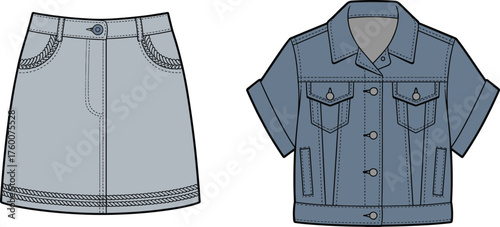 Denim skirt and jacket front view, button closure pockets short sleeve collar detail, cad drawing flat vector illustration, fashion sketch