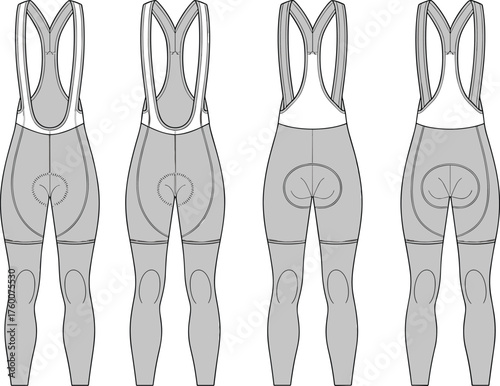 Cycling bib tights sketch, padded seat detail, ergonomic paneling, shoulder straps, multi-view layout, sportswear design, cad drawing flat vector illustration