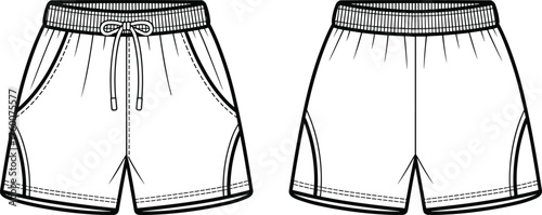 Drawstring shorts, elastic waistband, side pockets, stitched hem, casual fit, CAD drawing, flat vector illustration, front back view, garment sketch