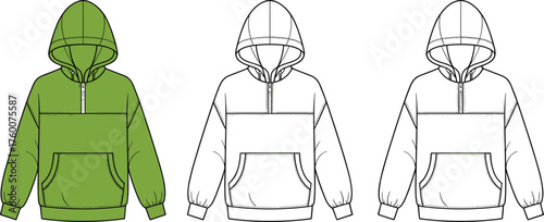 Half-zip hoodie, ribbed cuffs, front pocket, hooded sweatshirt, casual wear, CAD drawing, flat vector illustration, fashion sketch, garment template