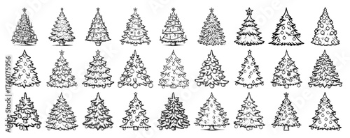 Hand-drawn Christmas tree vector set — black line art icons, isolated on white