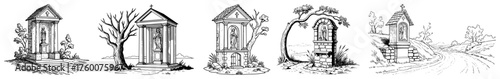 Set of Hand-Drawn Wayside Shrines and Architectural Follies. Vintage Sketch Vector Illustration Collection.