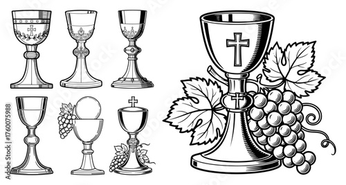 Christian Chalice Icon Set. Holy Communion, Eucharist Religious Symbols. Vector Line Art Collection.