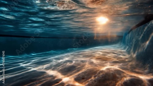 Stunning underwater view of a swimming pool with shimmering light rays and caustic patterns on the clear blue and golden bottom.