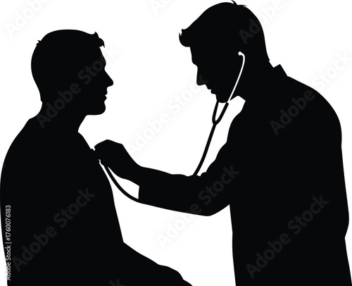 Doctor using stethoscope on patient silhouette cartoon illustration, symbolic care and expressive gesture artwork for medical and lifestyle design