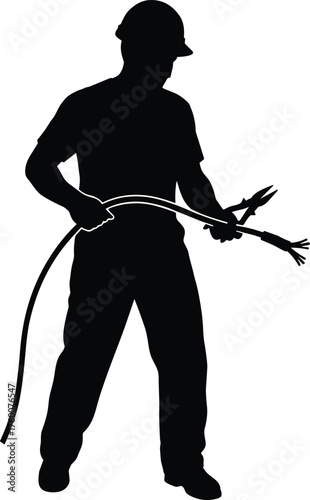 Electrician working with cable and pliers silhouette cartoon illustration, symbolic labor and expressive gesture artwork for industrial design